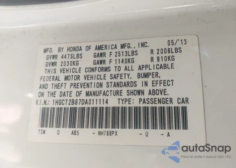 2013 Honda Accord Ex-L V-6 from USA, damaged, VIN 1HGCT2B87DA011114